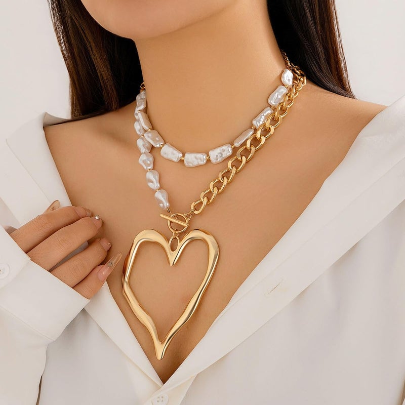 GIGB PBDK Y2k Large Heart Necklaces for Women Chunky Big Heart Pendant Necklace Exaggerated Layered Love Pearl Choker Necklace Set Dainty Statement Jewelry Gift (Gold) - Image 2
