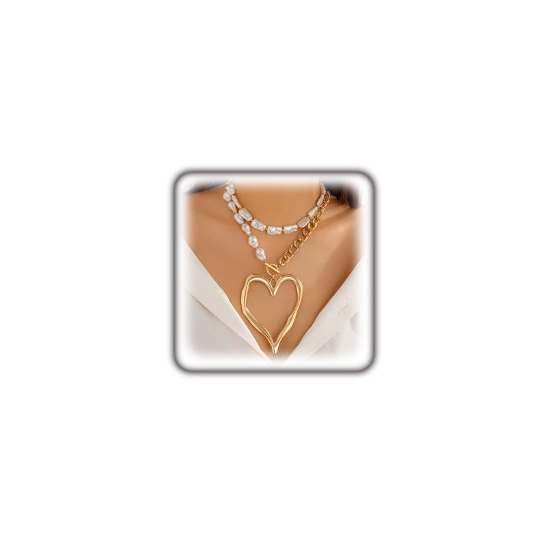 GIGB PBDK Y2k Large Heart Necklaces for Women Chunky Big Heart Pendant Necklace Exaggerated Layered Love Pearl Choker Necklace Set Dainty Statement Jewelry Gift (Gold) - Image 1