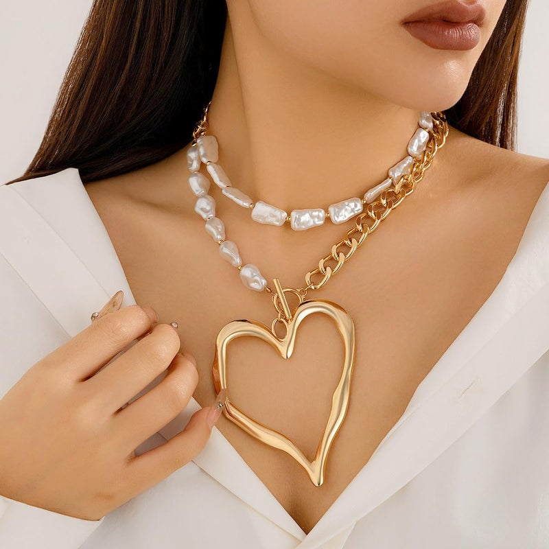 GIGB PBDK Y2k Large Heart Necklaces for Women Chunky Big Heart Pendant Necklace Exaggerated Layered Love Pearl Choker Necklace Set Dainty Statement Jewelry Gift (Gold) - Image 4