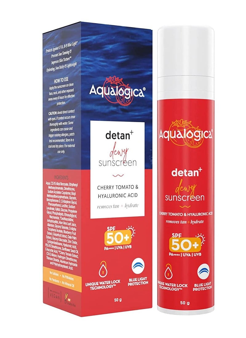 Aqualogica - Detan Dewy Sunscreen SPF 50 with Cherry Tomato and Hyaluronic Acid PA++++  UVA  UVB Reduces Tan Hydrates Skin Blue Light Protection 50g - Image 1