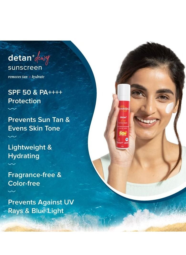 Aqualogica - Detan Dewy Sunscreen SPF 50 with Cherry Tomato and Hyaluronic Acid PA++++  UVA  UVB Reduces Tan Hydrates Skin Blue Light Protection 50g - Image 1