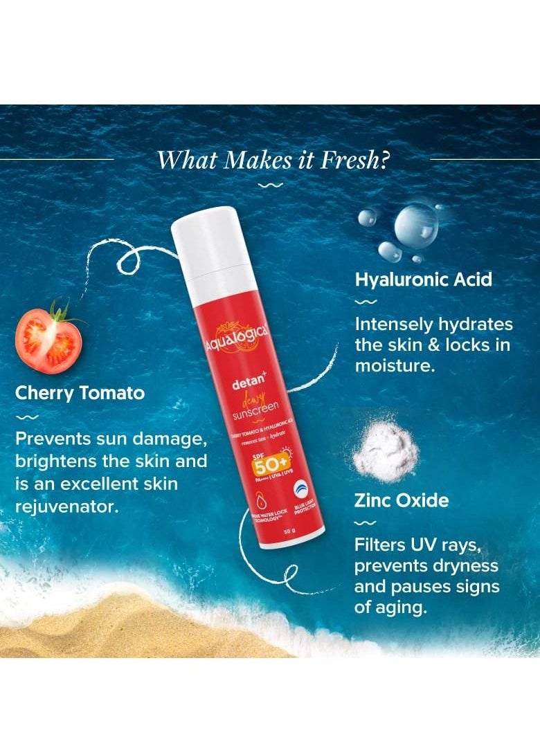Aqualogica - Detan Dewy Sunscreen SPF 50 with Cherry Tomato and Hyaluronic Acid PA++++  UVA  UVB Reduces Tan Hydrates Skin Blue Light Protection 50g - Image 1