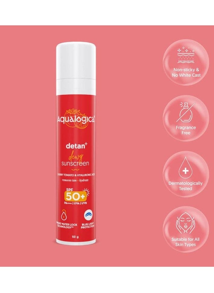 Aqualogica - Detan Dewy Sunscreen SPF 50 with Cherry Tomato and Hyaluronic Acid PA++++  UVA  UVB Reduces Tan Hydrates Skin Blue Light Protection 50g - Image 1