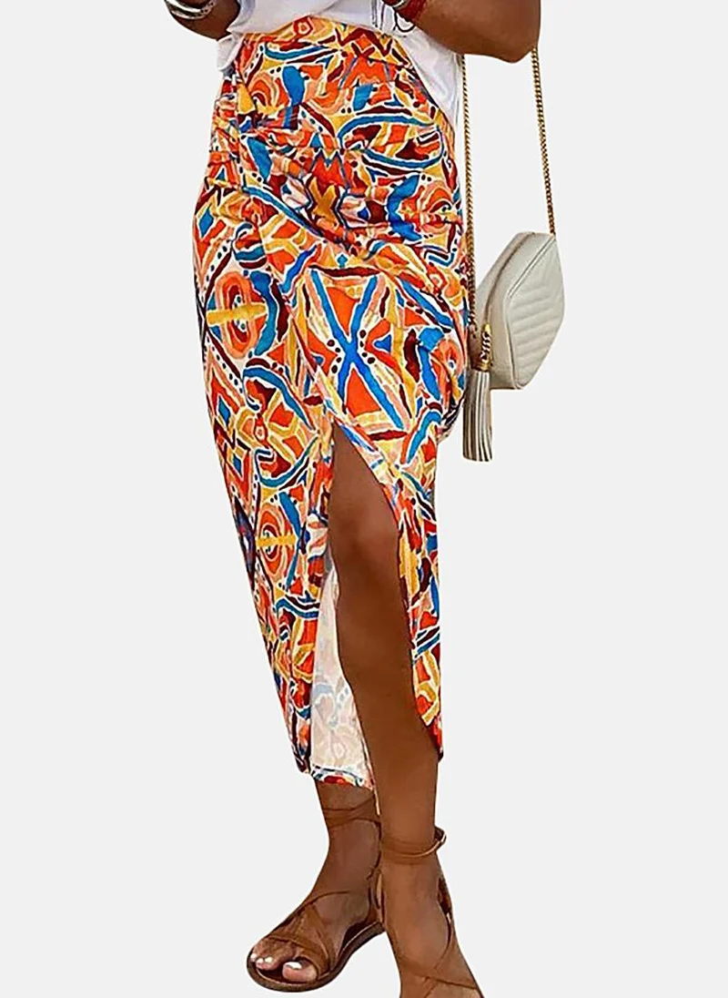 YUNIQEE Yellow Wrap Printed Midi Skirt