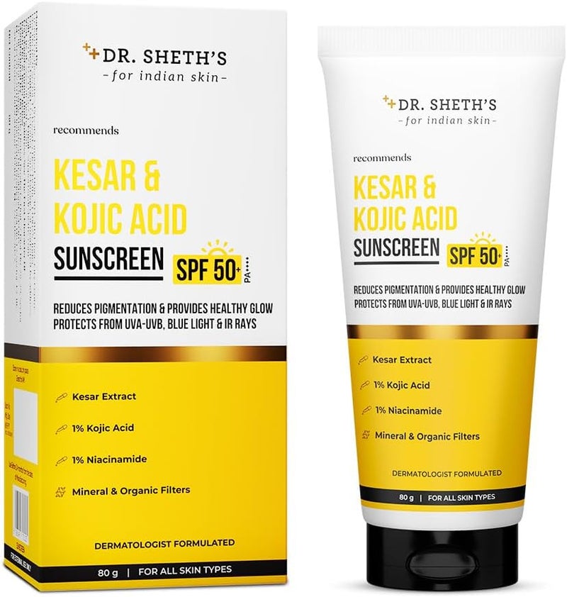 Dr. Sheth's واقي شمس د. شيث كيسار وحمض كوجيك SPF 50+ PA++++ لجميع أنواع البشرة - خفيف الوزن، غير دهني، وحماية خالية من التصبغات - Image 1