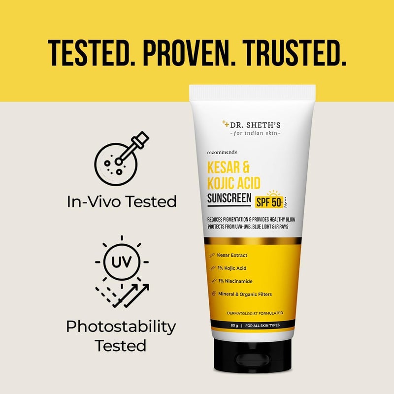 Dr. Sheth's واقي شمس د. شيث كيسار وحمض كوجيك SPF 50+ PA++++ لجميع أنواع البشرة - خفيف الوزن، غير دهني، وحماية خالية من التصبغات - Image 5