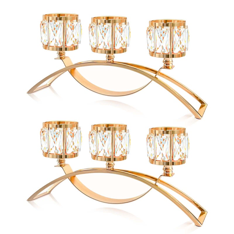 KEHAIL 3 Arms Crystal Candle Holders, Arch Candlestick Table Candelabras Centerpieces for Wedding, Dinning Room, Cabinet Ornaments, Home Decorationï¼Œ Gift (Gold, 2 Pcs-3 Arm Arched) - Image 1