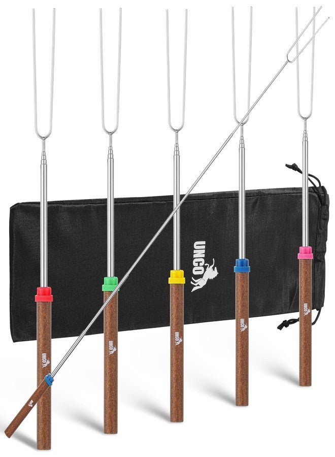 UNCO - Extendable Stainless Steel Roasting Sticks, 5 Pack, 32" - For S'mores, Hot Dogs, Campfires and Fire Pits with Dark Brown Handle, - Image 1