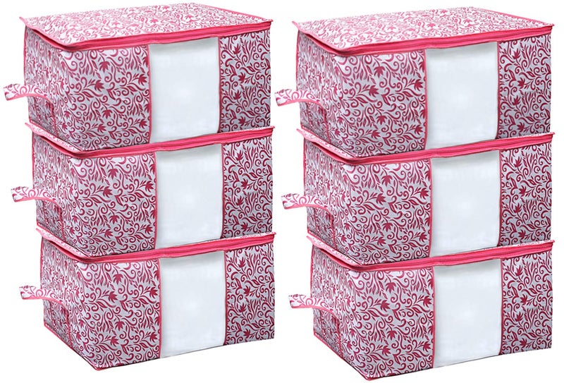 Kuber Industries Leaf Design NonWoven Underbed Storage Bag Organiser Blanket Cover CTKTC021210 Pink 6 Pieces - Image 1