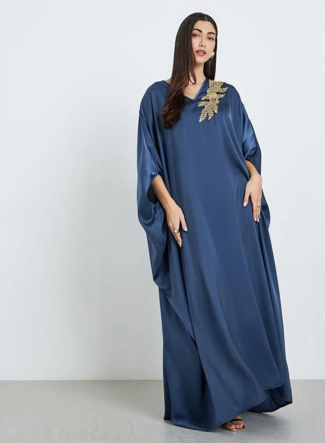 Amirah Women Navy Blue Satin Kaftan with Gold Embroidery