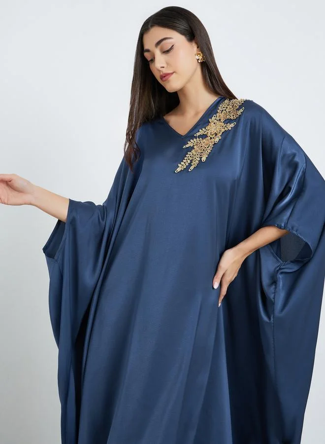 Amirah Women Navy Blue Satin Kaftan with Gold Embroidery