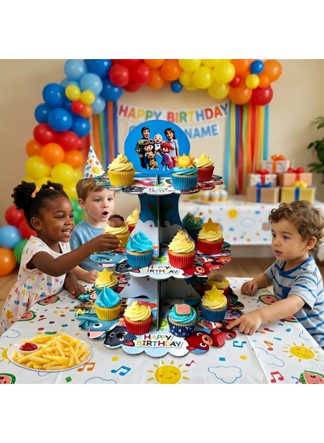 Cocomelon Toyland CoComelon Themed Cake Stand – 3-Tier CoComelon Cupcake Stand CoComelon Birthday Party Decorations CoComelon Dessert Tower Display for Party Decoration Supplies - Image 3