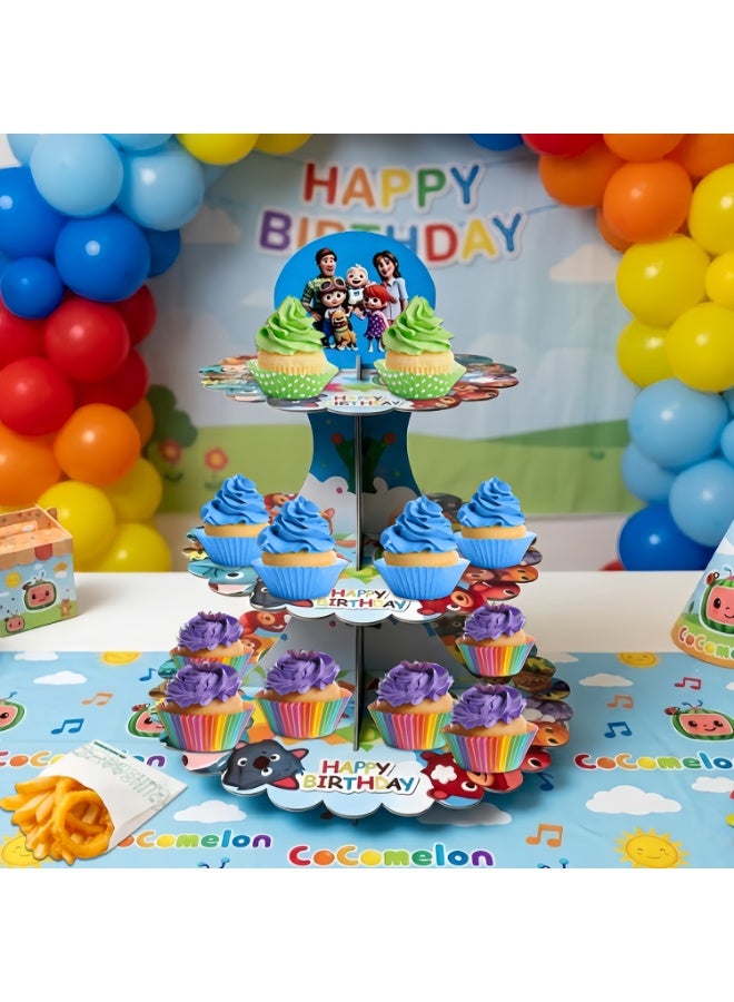 Cocomelon Toyland CoComelon Themed Cake Stand – 3-Tier CoComelon Cupcake Stand CoComelon Birthday Party Decorations CoComelon Dessert Tower Display for Party Decoration Supplies - Image 2