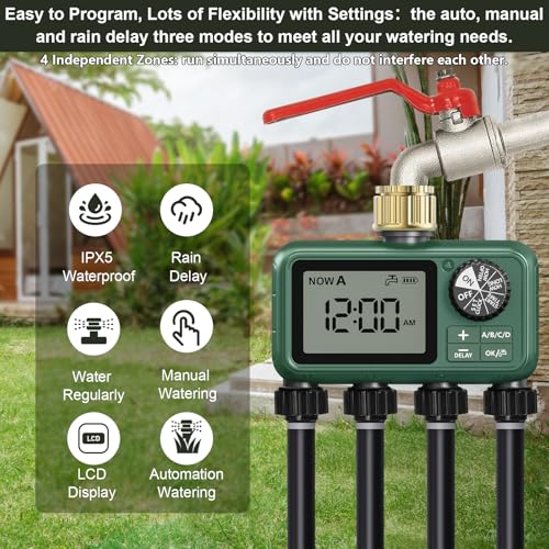 XinFuture Water Timer for Outdoor Garden Hose Sprinkler Timer for Garden Faucet with AutoManualRain Delay Mode Sprinkler Irrigation Controller for Yard Lawn 4 Zones Brass Inlet - Image 3