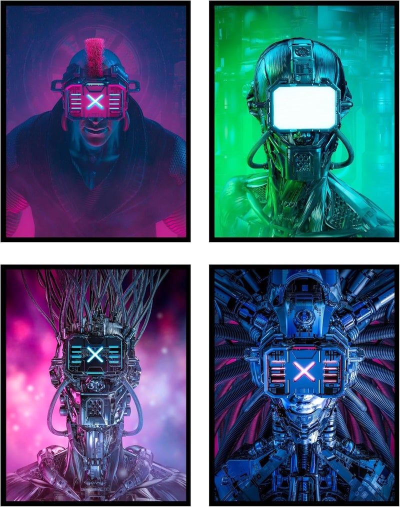 Insire Futuristic Cyberpunk Gaming Posters - Set of 4 Wall Art Neon Decor for Boys Room - (8x10") Unframed - Image 1