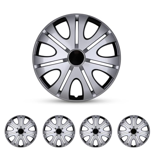 I1MOTOR 14 Inch Hubcaps Set of 4 Wheel Rim Cover Universal R14 Hub Caps, Snap On Car Pickup Truck SUV, Wheel Covers, ABS Material, Silver & Black Lacquer - Image 1