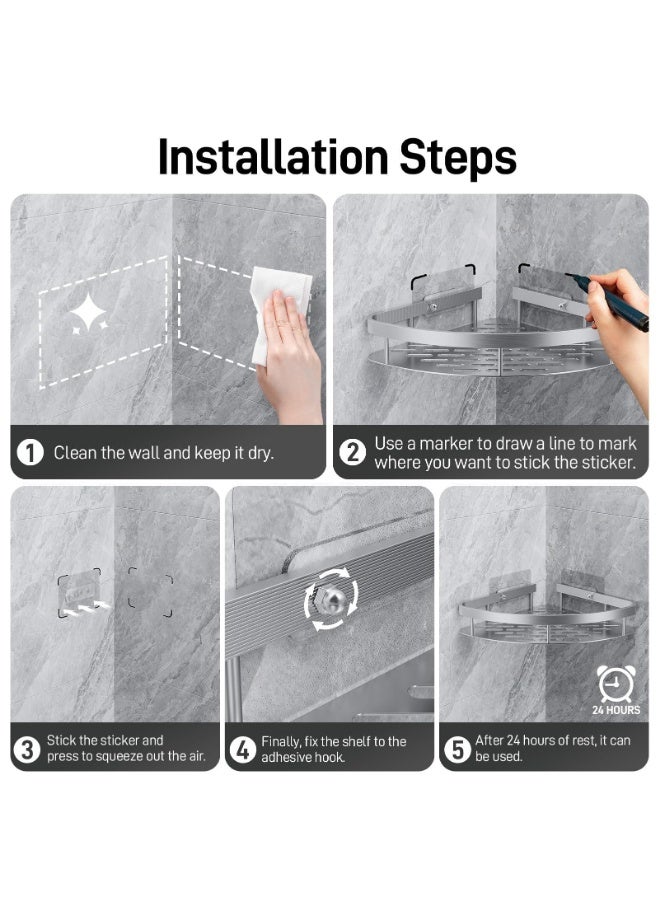 LOKIPA Shower Shelf No Drilling Corner, Pack of 1 Bathroom Organiser, Self-Adhesive Bathroom Shelf, Rustproof Bathroom Shelf with 4 Hooks Shelf Shower Corner Shelf Shower Basket No Drilling. - Image 4