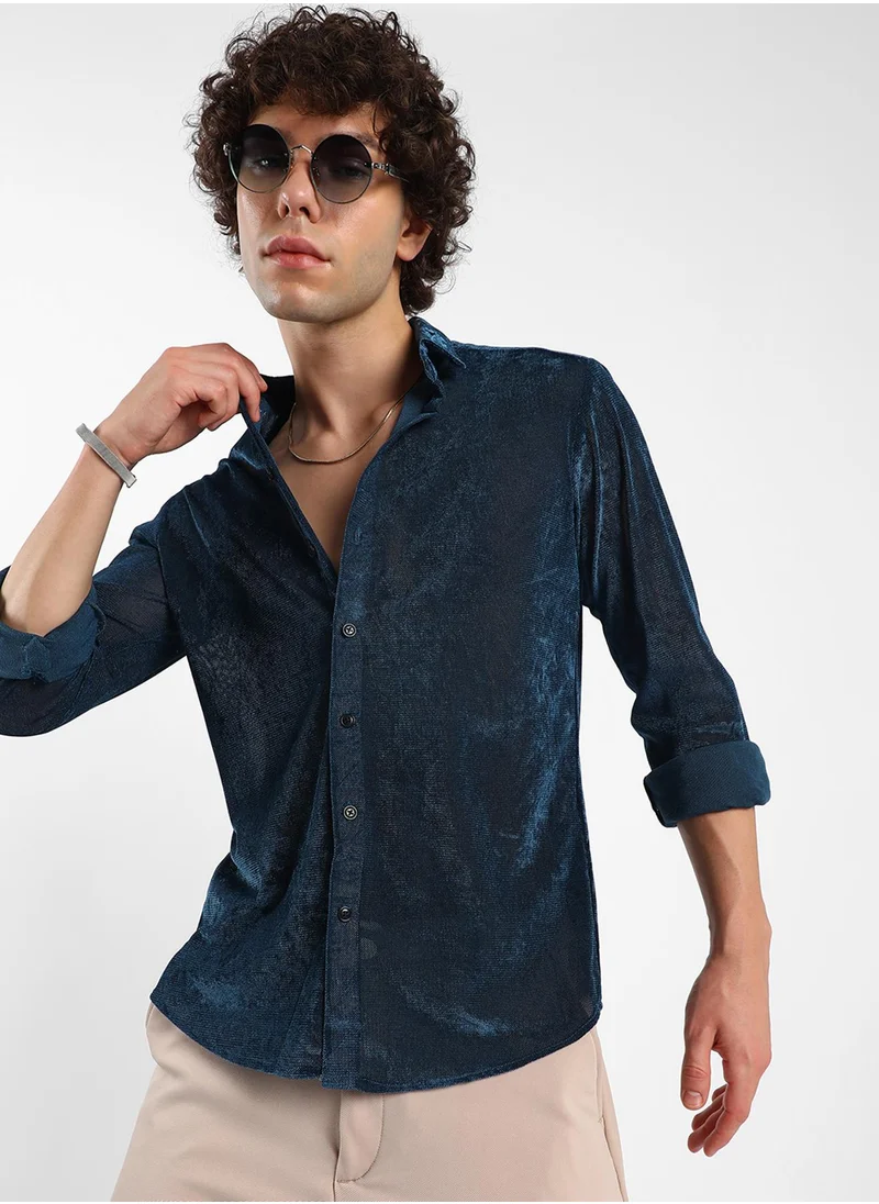 كامبوس سوترا Men's Midnight Blue Solid Velvet Shirt