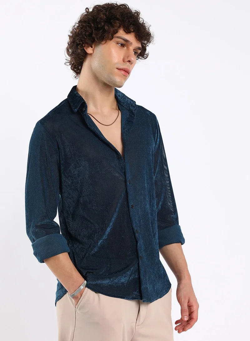 كامبوس سوترا Men's Midnight Blue Solid Velvet Shirt