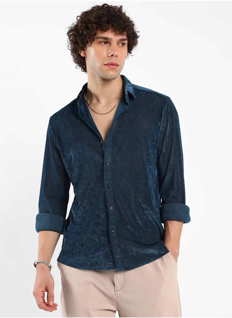 كامبوس سوترا Men's Midnight Blue Solid Velvet Shirt