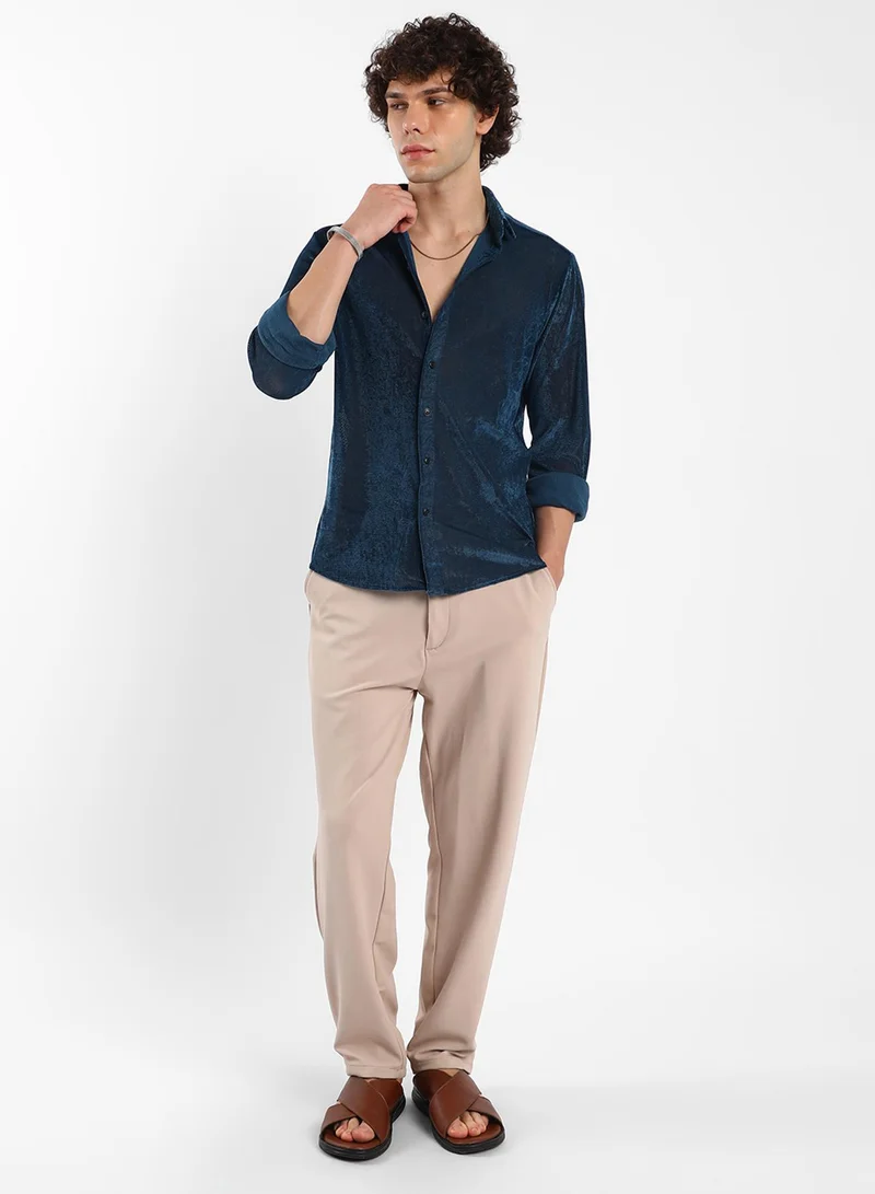 كامبوس سوترا Men's Midnight Blue Solid Velvet Shirt