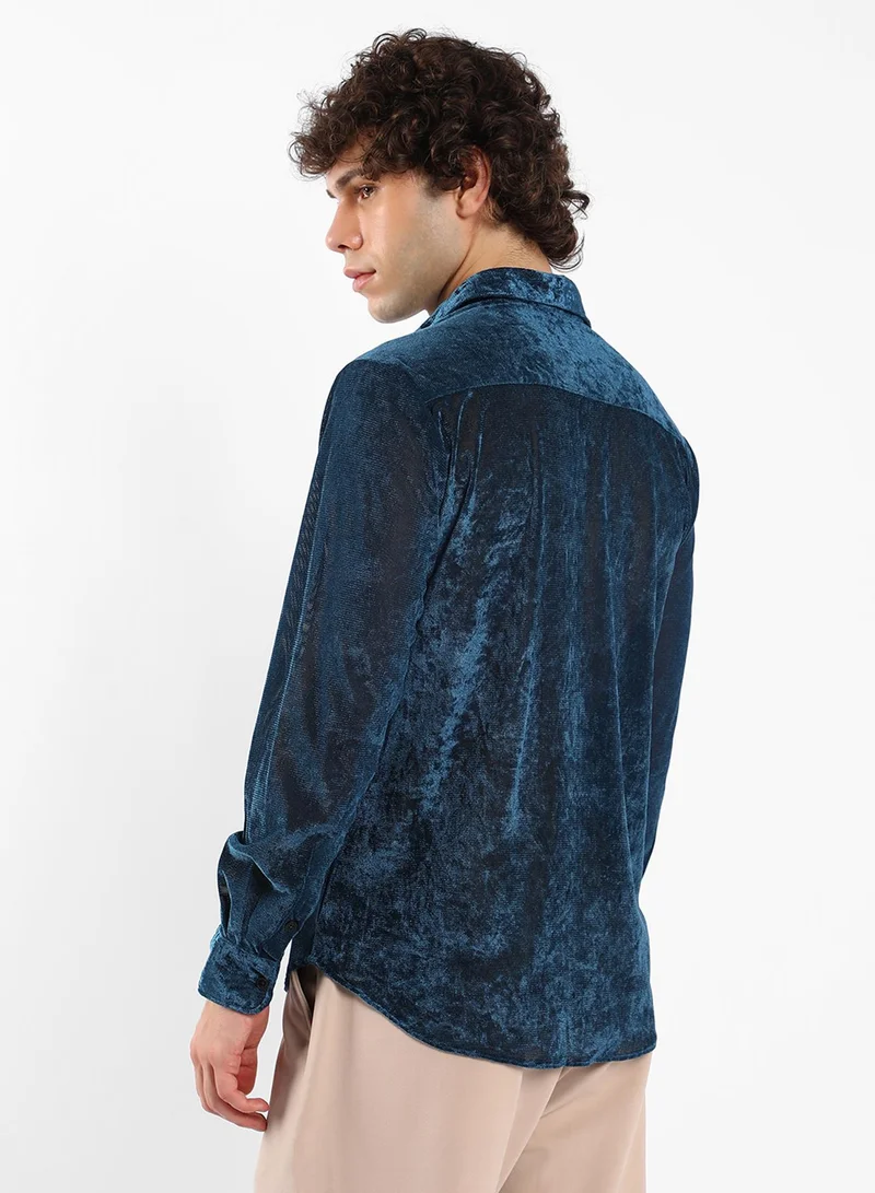 كامبوس سوترا Men's Midnight Blue Solid Velvet Shirt