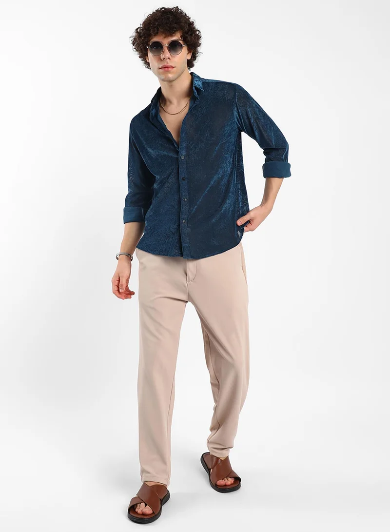 كامبوس سوترا Men's Midnight Blue Solid Velvet Shirt