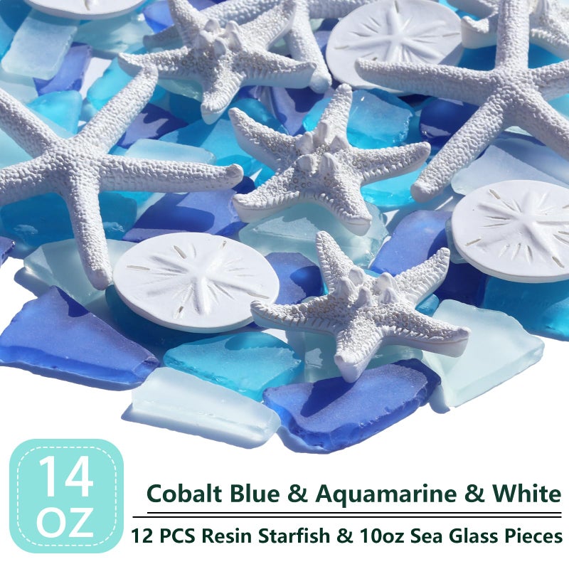 QYGL 12 Resin Starfish & 10oz Sea Glass Decor - Frosted Seaglass Pieces & Starfish Sand Dollar for DIY Crafts, Beach Weddings, Vase Filler, and Home Decor Ornaments (Cobalt Blue, Aquamarine, White) - Image 2