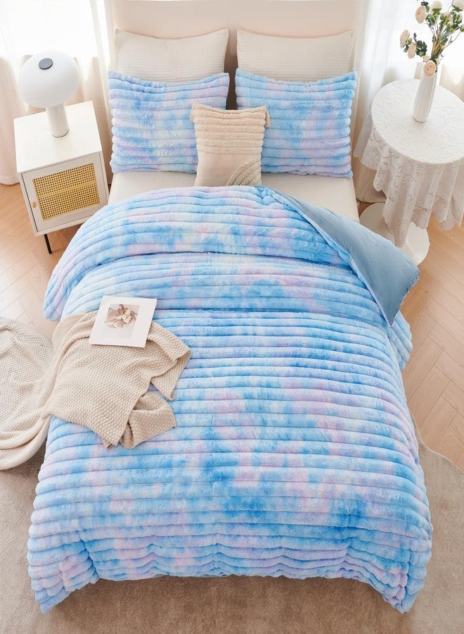 ANGIYUIN Blue Twin Size Duvet Cover Set for Girls Faux Fur Fluffy Kids Bedding Cover Set Tie Dye Striple Comforter Cover Soft Fuzzy Shaggy Kids Bed Cover Set(Blue Twin) - Image 2