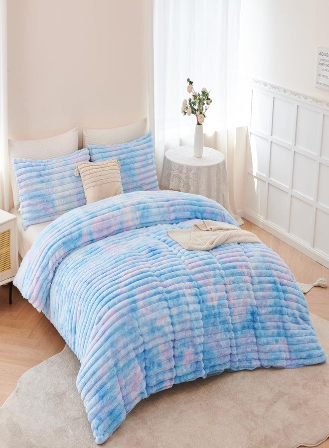ANGIYUIN Blue Twin Size Duvet Cover Set for Girls Faux Fur Fluffy Kids Bedding Cover Set Tie Dye Striple Comforter Cover Soft Fuzzy Shaggy Kids Bed Cover Set(Blue Twin) - Image 4