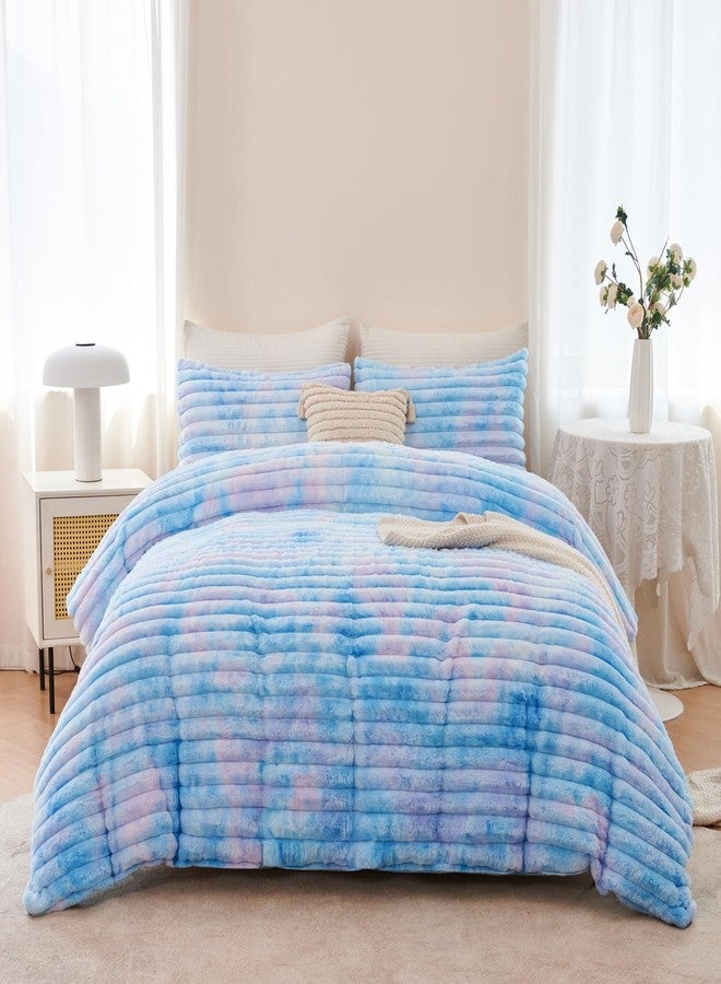ANGIYUIN Blue Twin Size Duvet Cover Set for Girls Faux Fur Fluffy Kids Bedding Cover Set Tie Dye Striple Comforter Cover Soft Fuzzy Shaggy Kids Bed Cover Set(Blue Twin) - Image 3