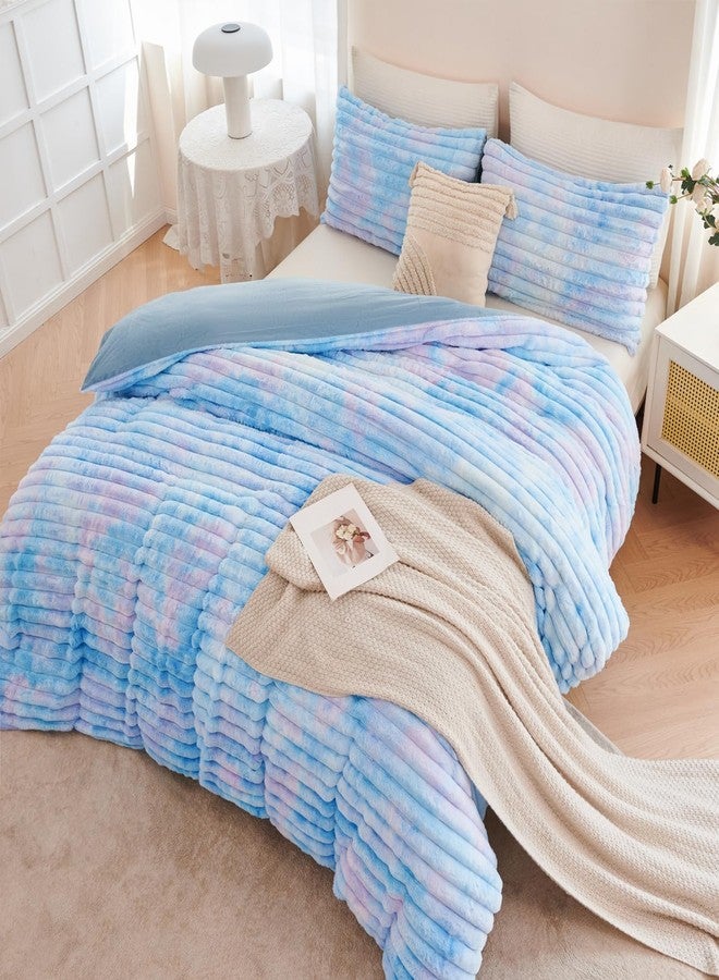 ANGIYUIN Blue Twin Size Duvet Cover Set for Girls Faux Fur Fluffy Kids Bedding Cover Set Tie Dye Striple Comforter Cover Soft Fuzzy Shaggy Kids Bed Cover Set(Blue Twin) - Image 1