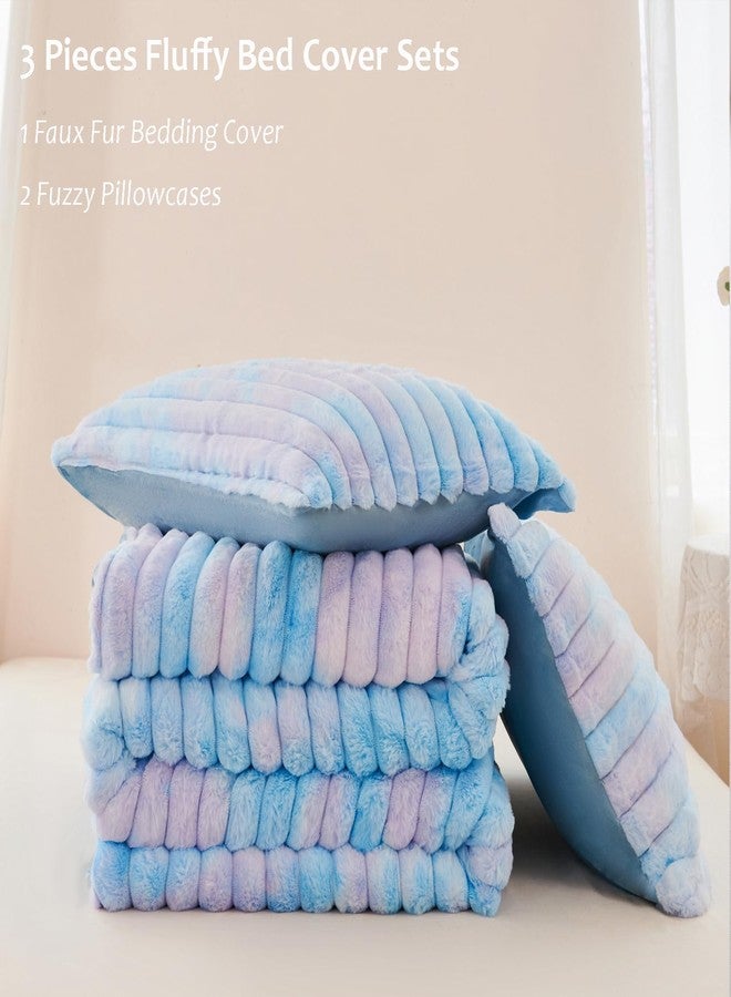 ANGIYUIN Blue Twin Size Duvet Cover Set for Girls Faux Fur Fluffy Kids Bedding Cover Set Tie Dye Striple Comforter Cover Soft Fuzzy Shaggy Kids Bed Cover Set(Blue Twin) - Image 5
