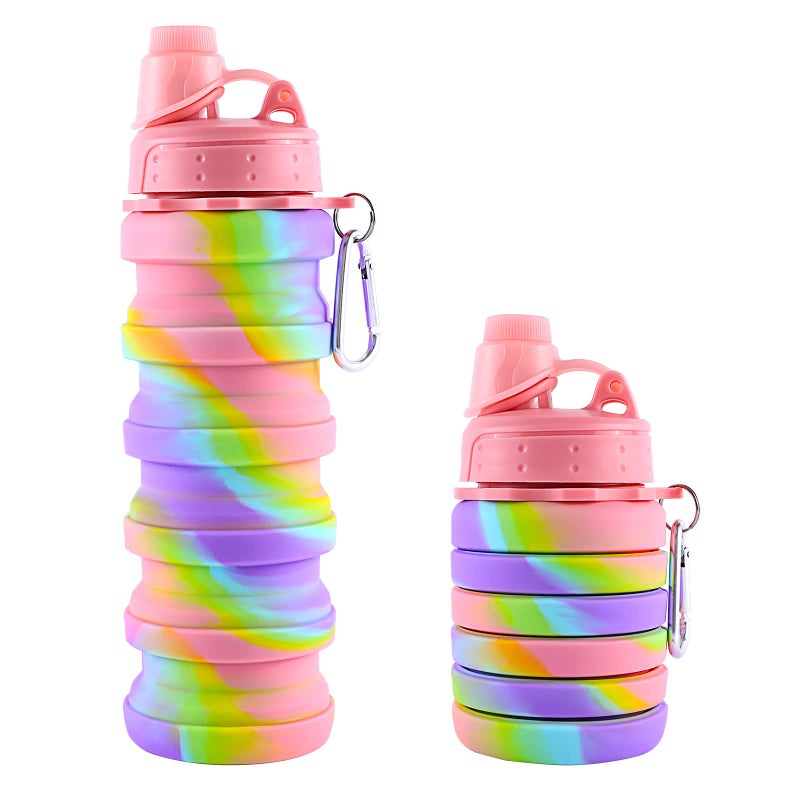 MAKERSLAND Rainbow Collapsible Folding Water Bottles for Kids Students Adults Reusable BPA Free Silicone Foldable Sports Water Bottles for Travel Camping Hiking Pink