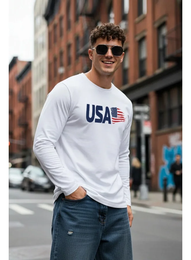 فيردو Veirdo® Men’s Pure Cotton Regular Fit Round Neck Full Sleeve T-Shirt with Front Chest Print Comfortable Casual Wear (VD_FS_USA_WT_XL) White