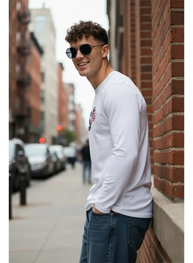 فيردو Veirdo® Men’s Pure Cotton Regular Fit Round Neck Full Sleeve T-Shirt with Front Chest Print Comfortable Casual Wear (VD_FS_USA_WT_XL) White
