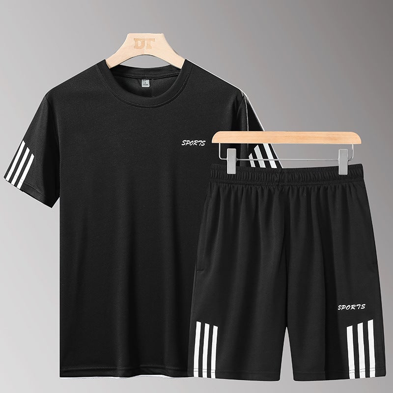 Summer Casual Sports Suit Mens Short-sleeved T-shirt 2020 New Shorts Quick-drying Breathable Fitness Wear Two-piece Set Black  - Image 1
