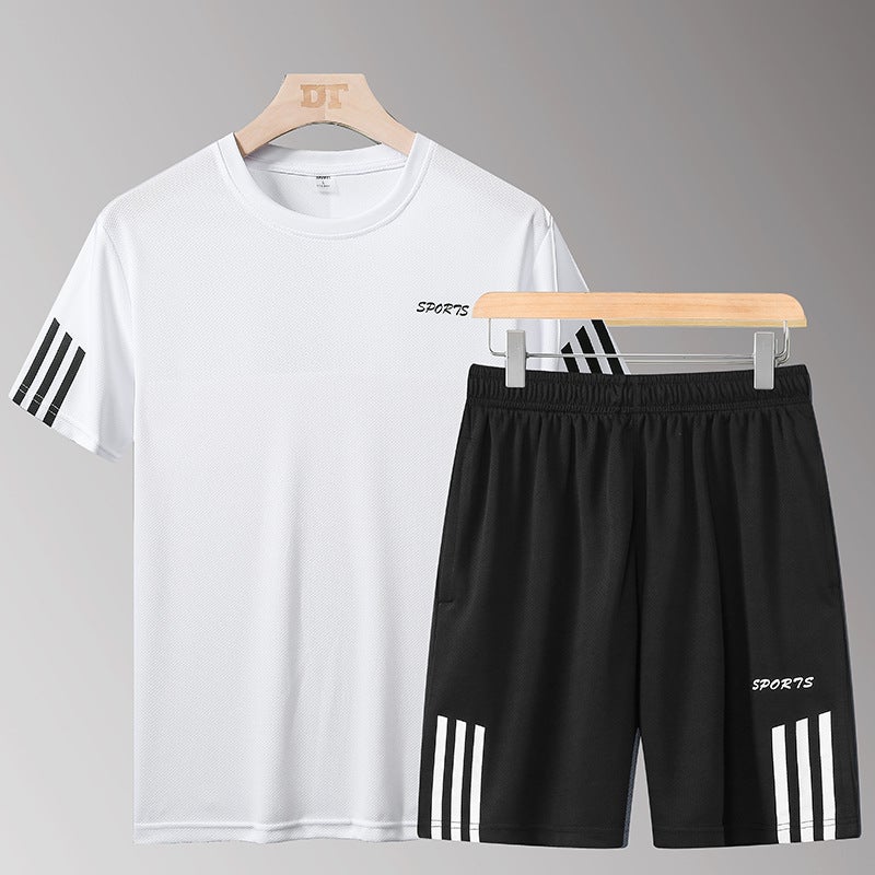 Summer Casual Sports Suit Mens Short-sleeved T-shirt 2020 New Shorts Quick-drying Breathable Fitness Wear Two-piece Set Black  - Image 4