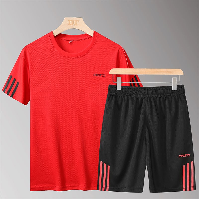 Summer Casual Sports Suit Mens Short-sleeved T-shirt 2020 New Shorts Quick-drying Breathable Fitness Wear Two-piece Set Black  - Image 3