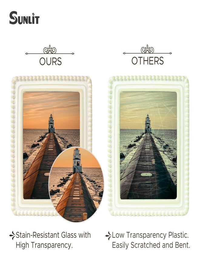 Sunlit إطار صور عتيق مضاء بأشعة الشمس، مقاس 5×7 بوصة، بحافة مزخرفة بالخرز، إطارات صور مربعة فاخرة عتيقة الطراز بواجهة زجاجية، عرض صور بوهيمي، تعليقة جدارية أو على الطاولة، فكرة هدية، أبيض عتيق - Image 3