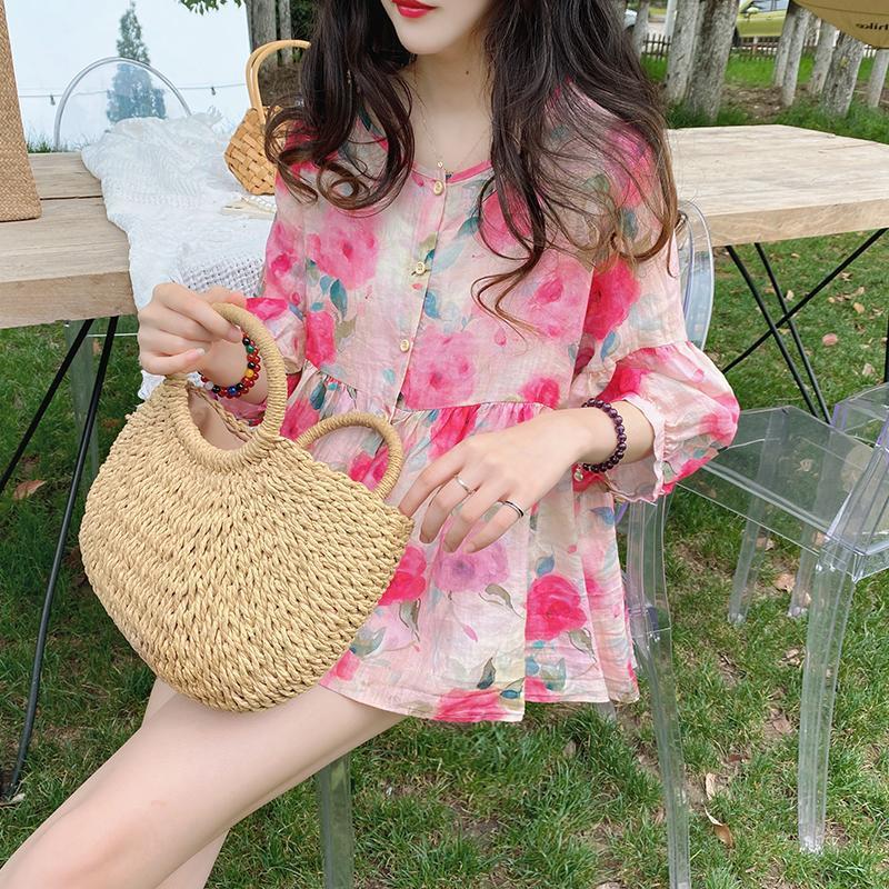 Doll Shirt Top Loose Retro Gentle Sweet Floral A-Shirt Western Style Mid-Sleeve Shirt - Image 1
