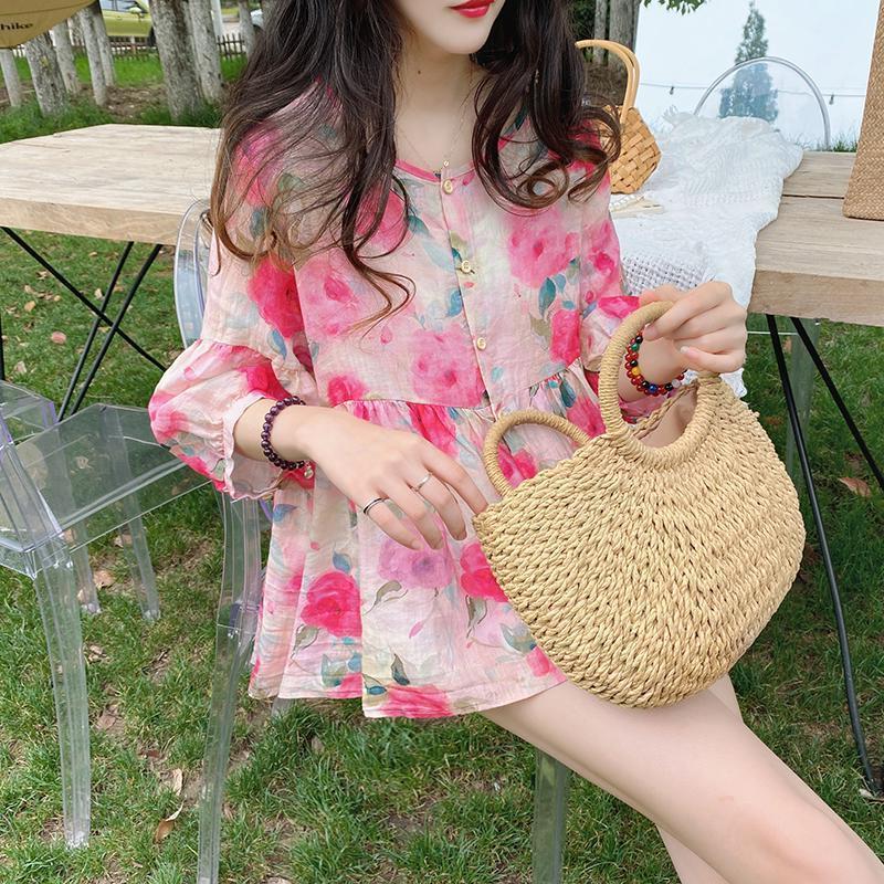 Doll Shirt Top Loose Retro Gentle Sweet Floral A-Shirt Western Style Mid-Sleeve Shirt - Image 5