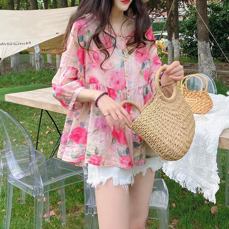 Doll Shirt Top Loose Retro Gentle Sweet Floral A-Shirt Western Style Mid-Sleeve Shirt - Image 3