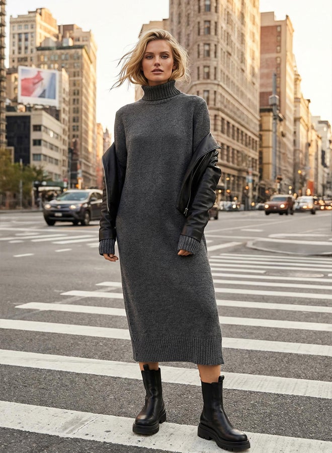 trendyol Anthracite Wide Fit Midi Knitwear Soft Textured Dress TWOAW24EL00034 - Image 1