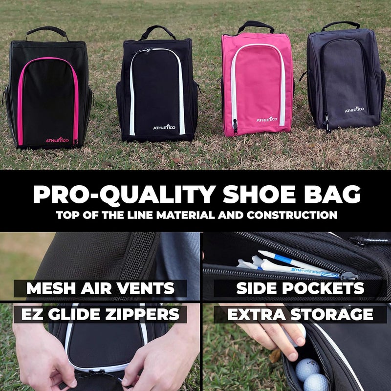 Athletico Golf Shoe Bag - Zippered Shoe Carrier Bags With Ventilation & Outside Pocket for Socks, Tees, etc. (Pink) - Image 2