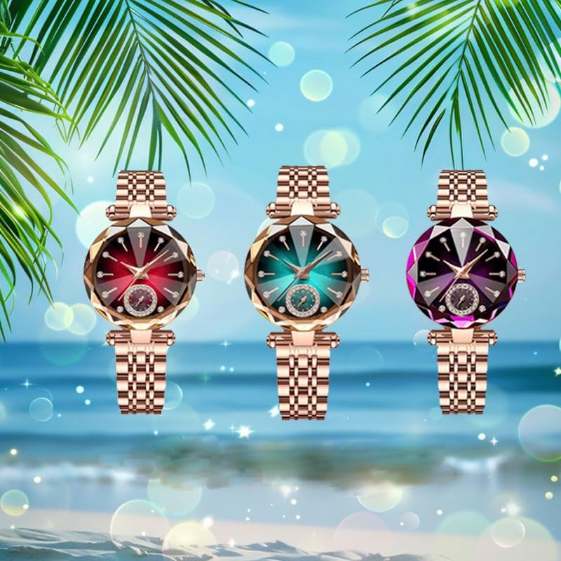 Reginald Women Watches with Bracelet Rose Gold for Lady Elegant Stainless Steel Strap Fashion Analog Creative Diamond Dial Women's Wrist Watches (Green) - Image 3