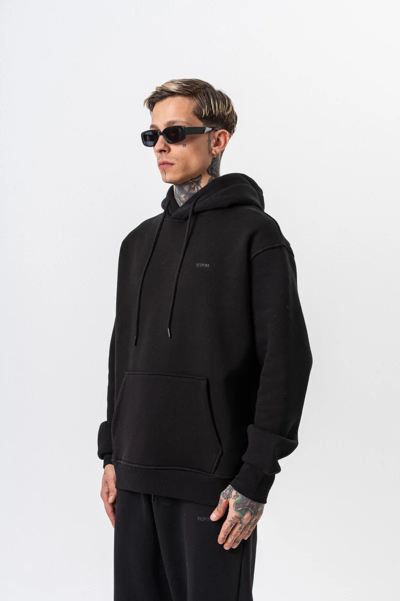 RESPIRE Men's Respire Letter Detail Basic Hooded Oversize Hoodie Black