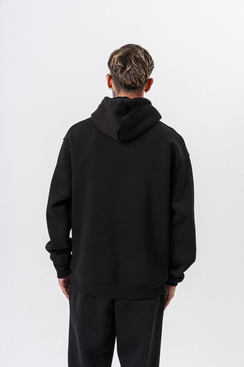 ريسباير هودي رجالي أساسي واسع (Oversize) بغطاء رأس بتفاصيل نص "Respire" لون أسود - Image 3