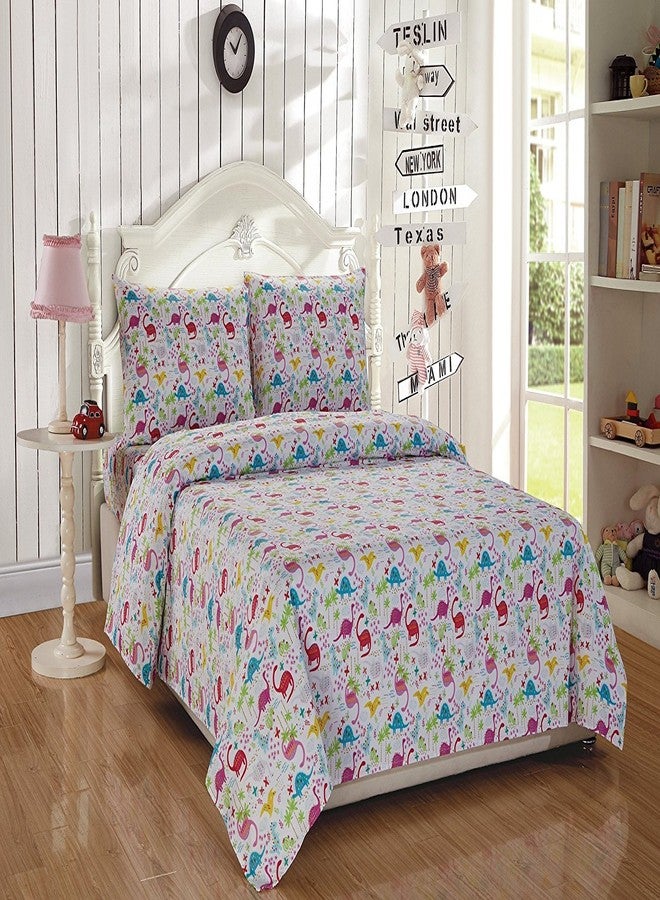 Linen Plus Sheet Set for Girls Dinosaur Pink White Red Purple Yellow Dinosaurs Jurassic Flat Sheet Fitted Sheet and Pillow Cases Full Size New - Image 2