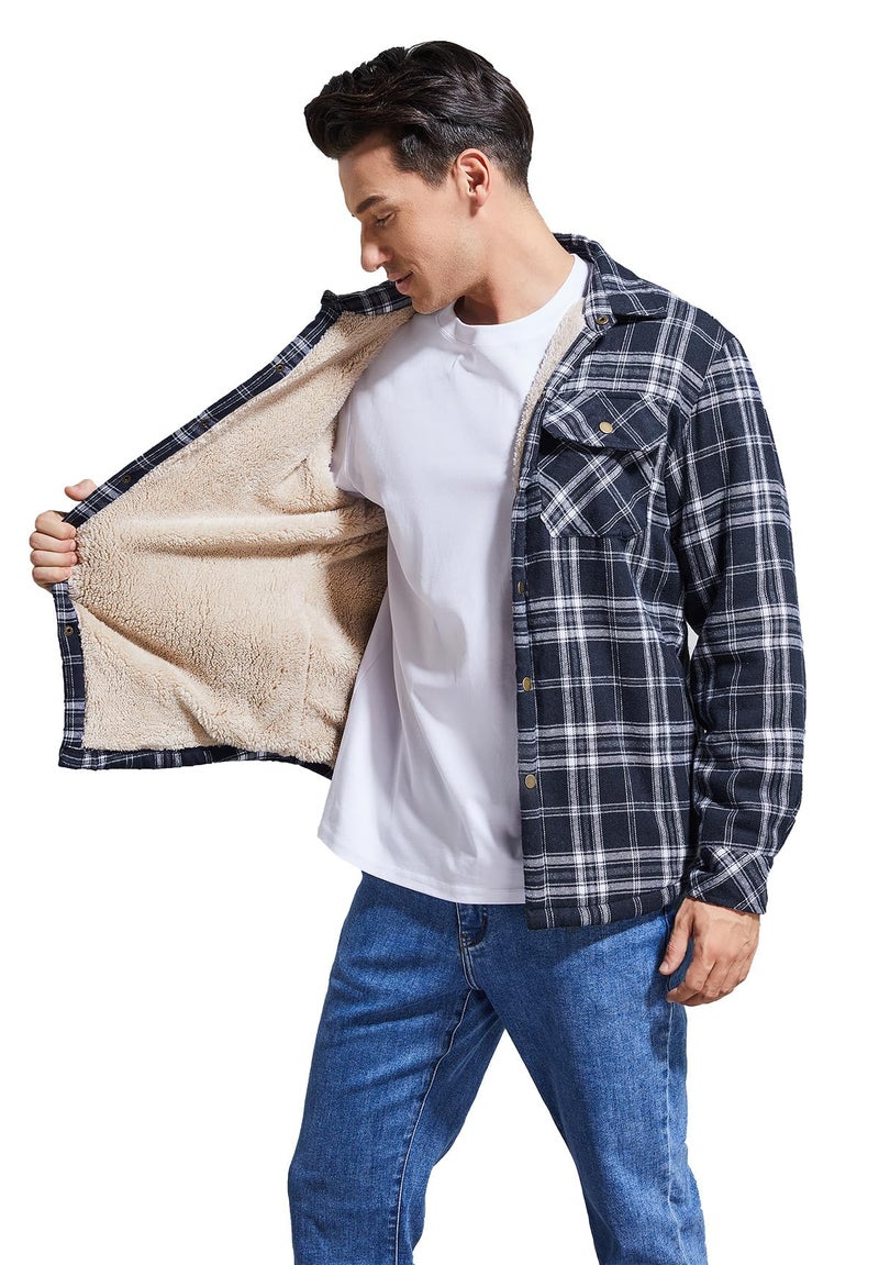 Puwasa Men's Sherpa Lined Cotton Flannel Shirt Jacket Plaid Button Up Jacket Coat for Men with Pocket Blue X-Large - Image 2